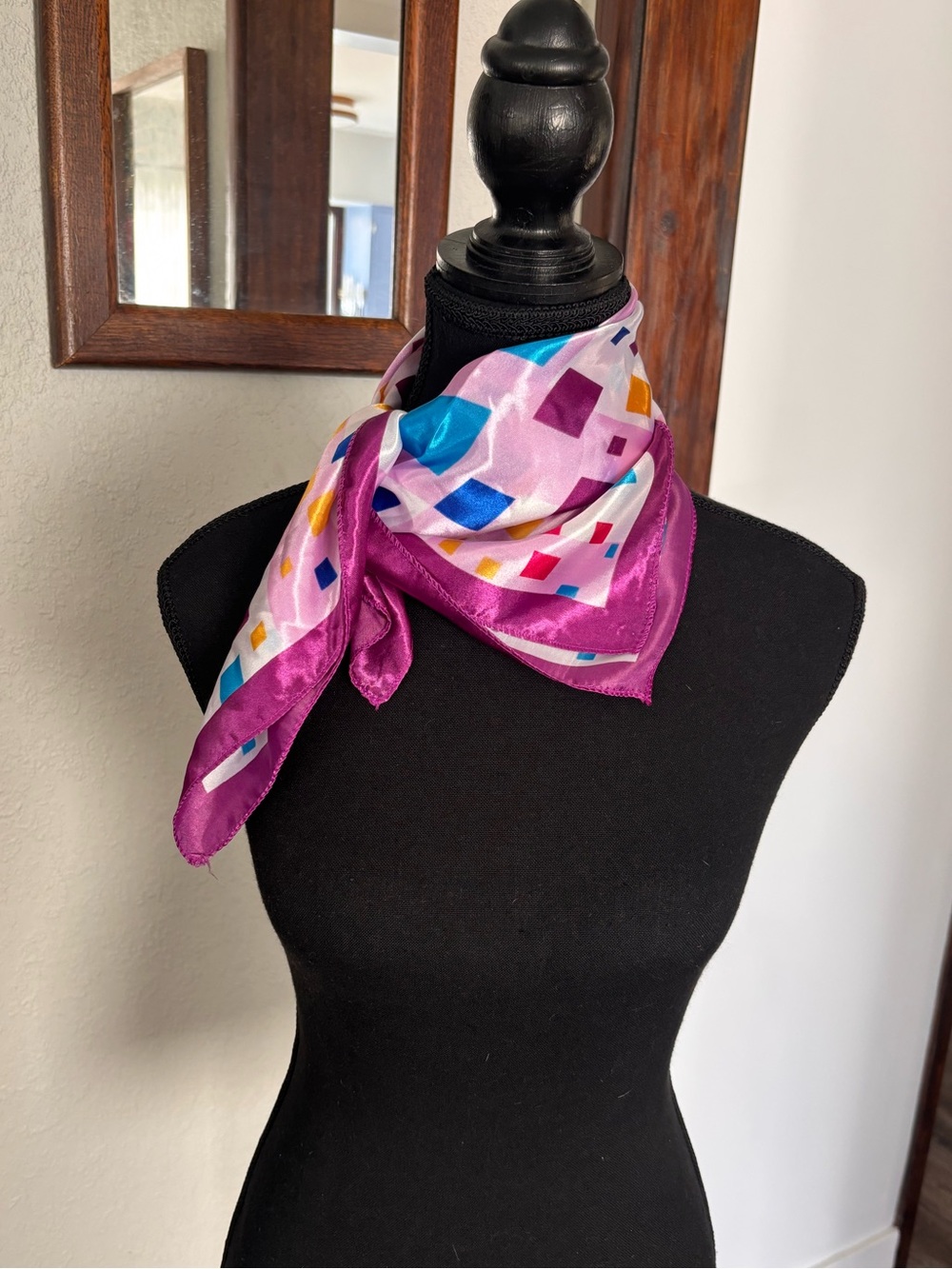 Satin Geometric Print Scarf in Magenta and Multi